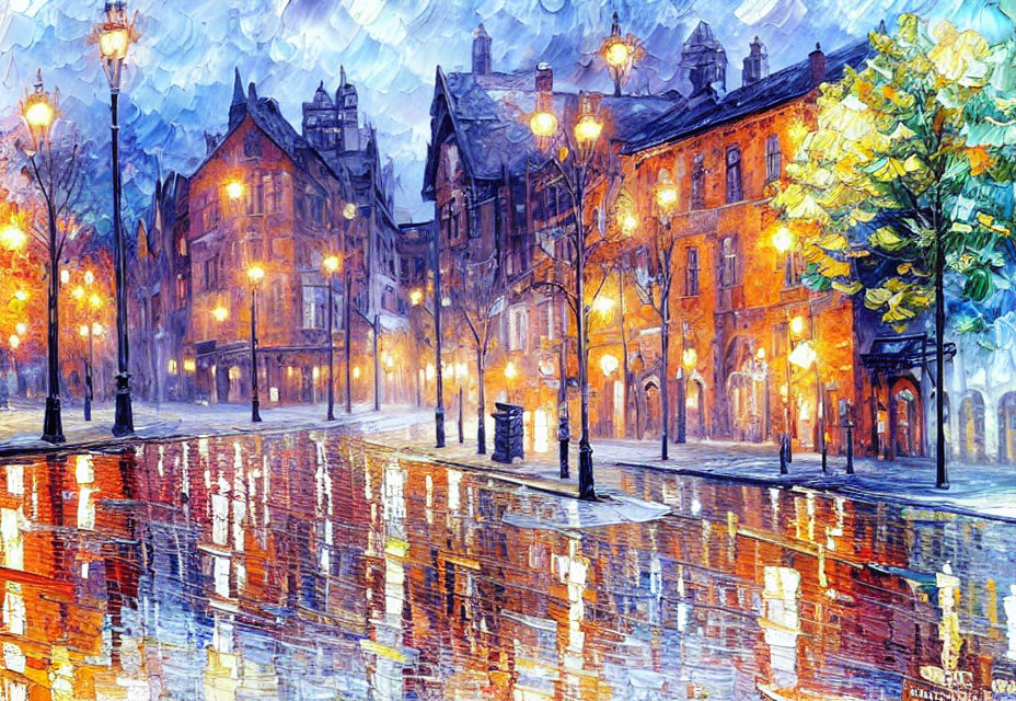 Impressionistic painting: Rainy evening with street lamps reflecting on wet cobblestone street