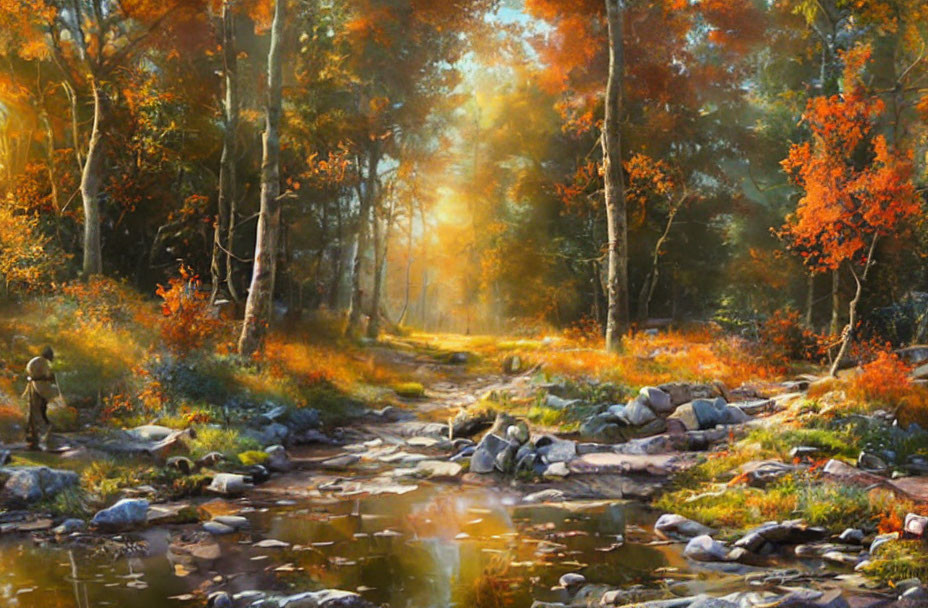 Tranquil Autumn Forest Path with Sunlight, Stream, and Fall Foliage