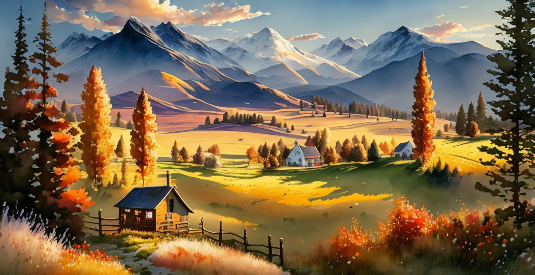 Tranquil autumn scenery with cabin, fields, trees, mountains, and sky