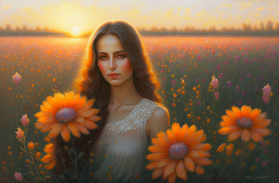 Woman with Long Brown Hair in Blooming Field at Sunset Holding Orange Flowers