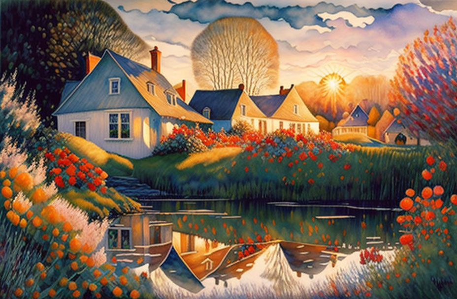 Colorful rural sunset scene with flowers, pond, houses, and vibrant sky