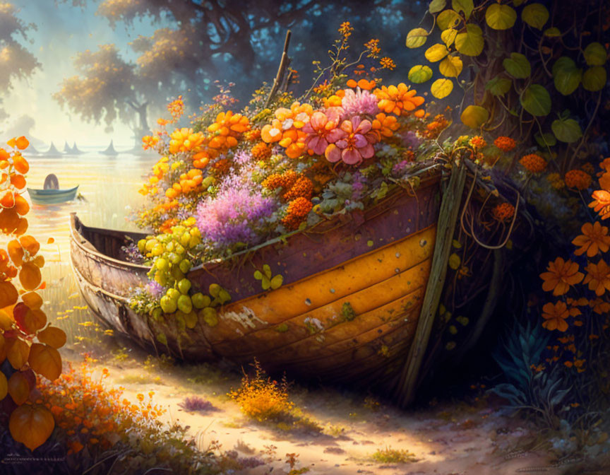 Weathered wooden boat adorned with flowers in forest clearing