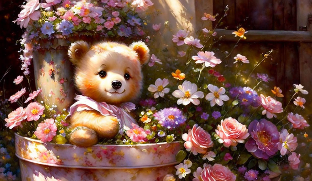 Plush teddy bear with bow in garden bucket among colorful flowers and foliage