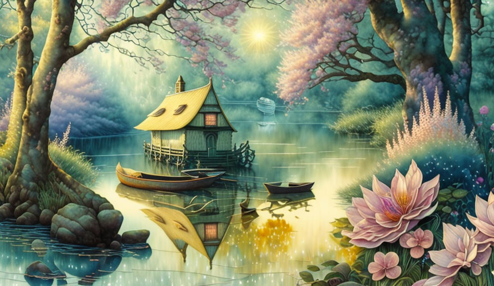 Tranquil lakeside landscape with quaint house, blooming trees, boats, and lotuses at