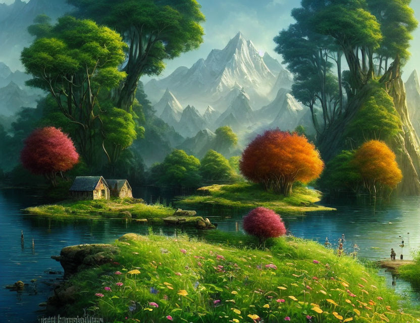 Tranquil fantasy landscape with vibrant trees, cottage, mountains, and calm lake