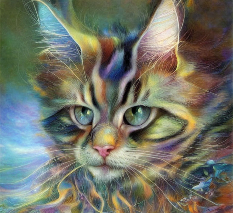 Vibrant cat illustration with green eyes and multicolored fur