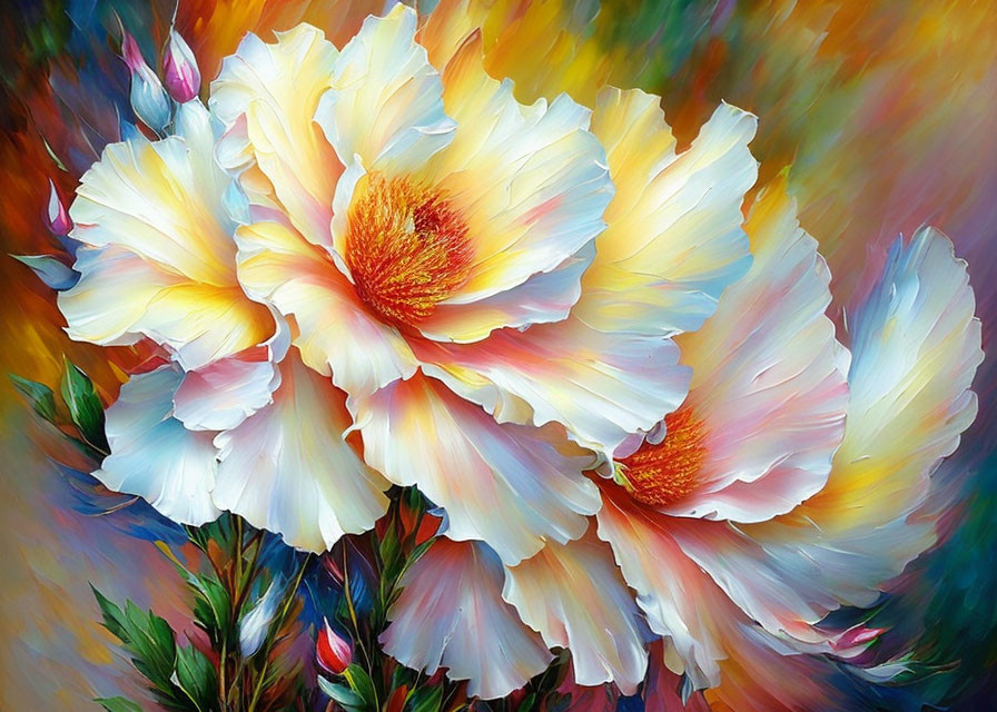 Colorful painting of white flowers with yellow centers on vibrant background