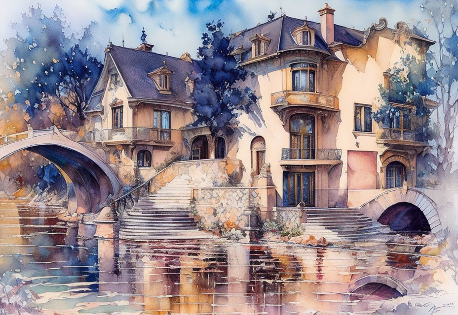 European-style mansion with stone bridge in watercolor art