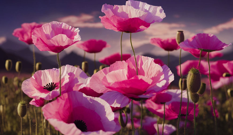 Vibrant pink poppies in field with soft-focus mountains and dusk sky