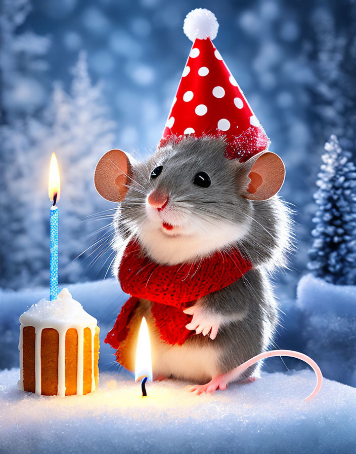 Animated mouse in red scarf and party hat by lit candle on snowy background