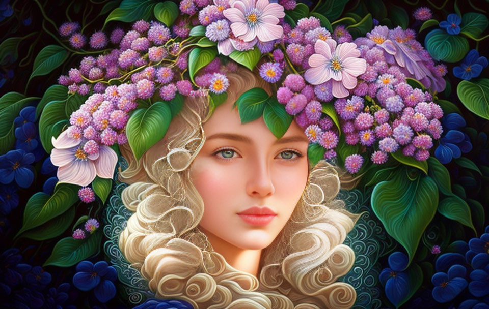 Blond Woman with Flower Wreath on Dark Background