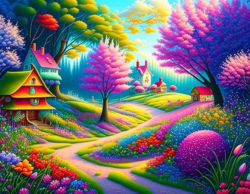 Colorful Fantasy Landscape with Whimsical Houses and Lush Flowers