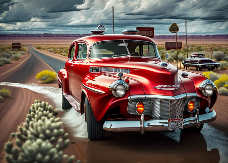 Vintage Red Car on Desert Road with Cacti and Stormy Skies