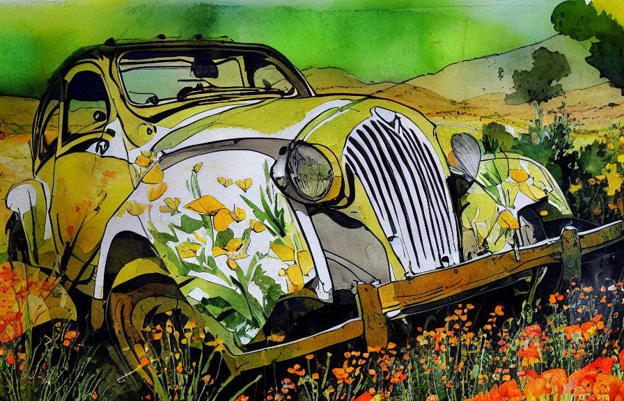 Vintage Car Watercolor Illustration Among Vibrant Flowers