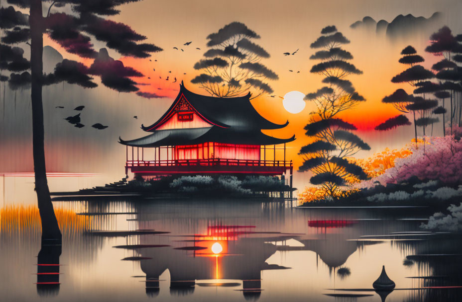 Tranquil Asian pavilion at sunset with cherry blossoms & pine trees