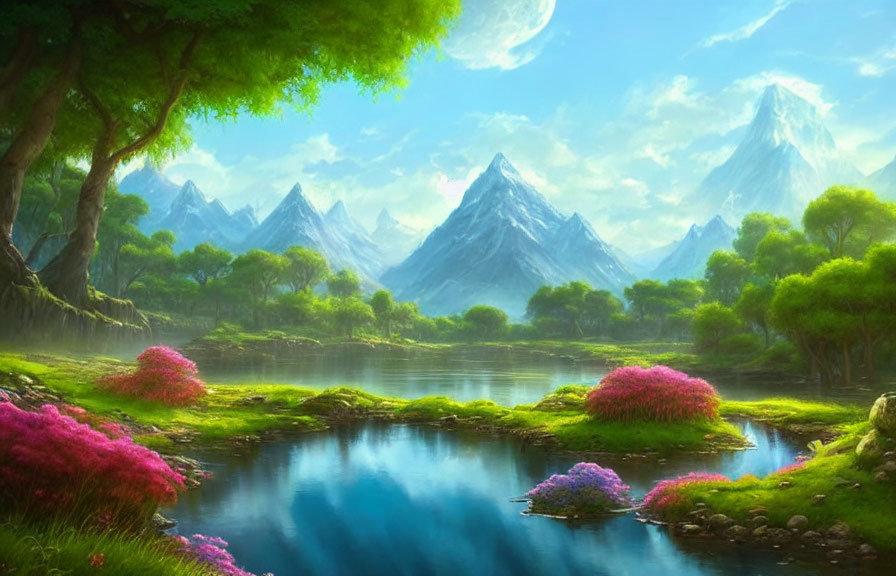 Fantasy landscape with pink flora, blue lake, green trees, snow-capped mountains