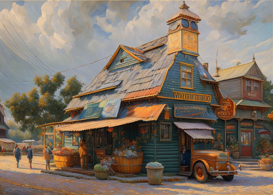 Vintage corner store with clock tower, people, old truck, and cloudy sky.