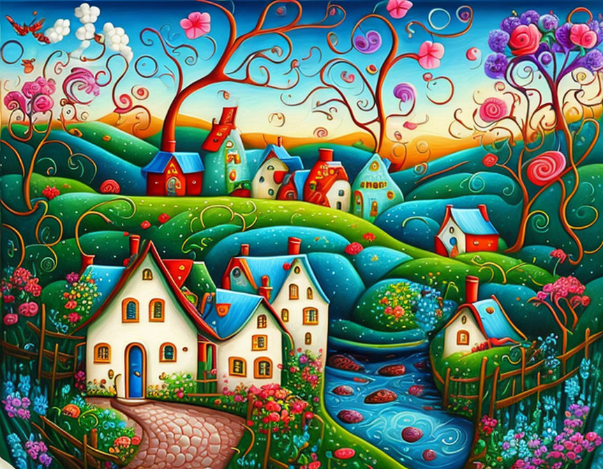 Colorful landscape with swirl-patterned rooftops and winding paths