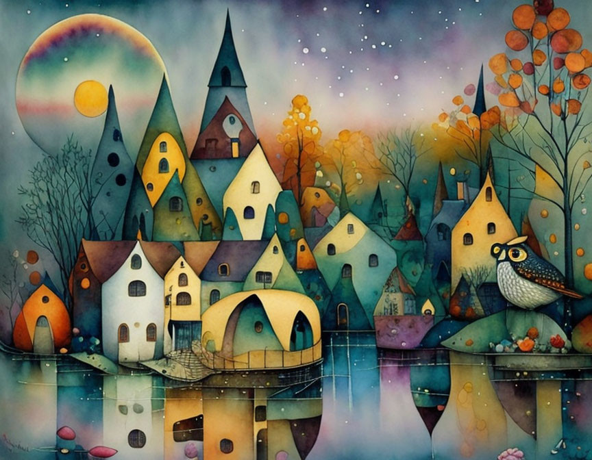 Colorful Watercolor Painting of Stylized Village with Owl