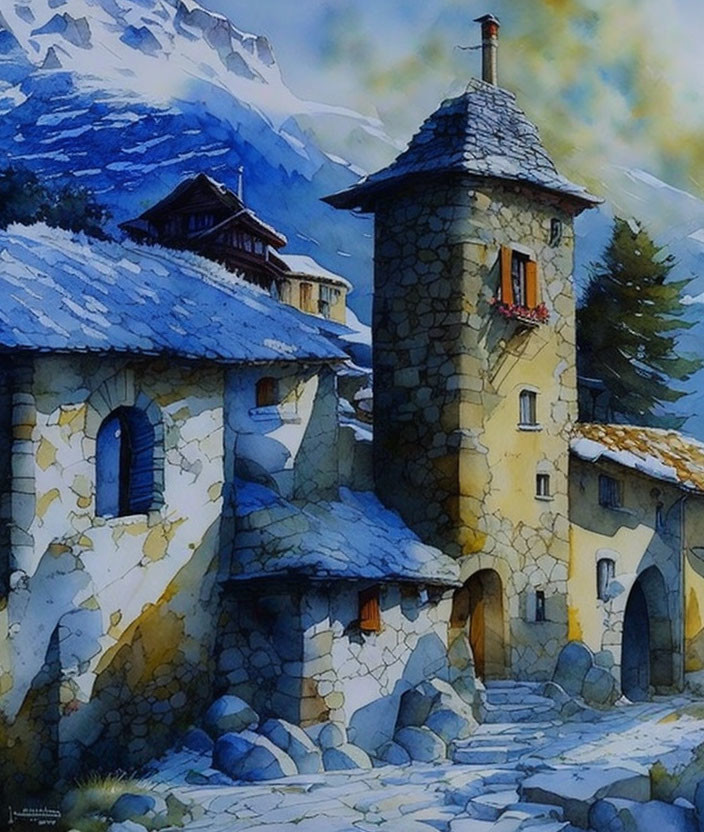 Snowy Mountains Watercolor Painting with Stone Tower and Houses