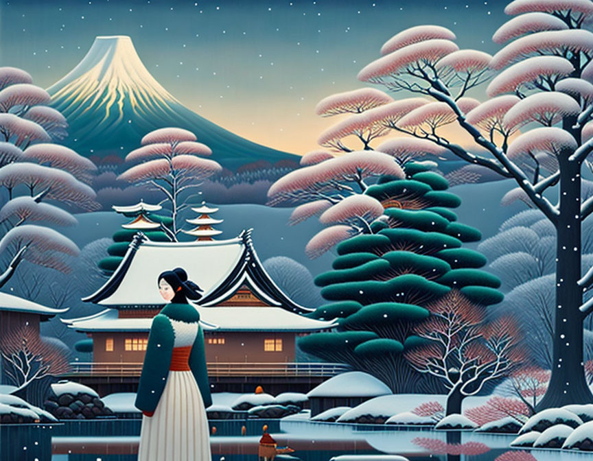 Traditional attire woman admires Mount Fuji snowscape