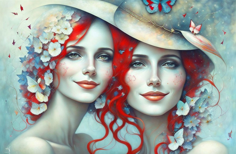 Twin women with red hair in wide-brimmed hats, adorned with flowers and butterflies