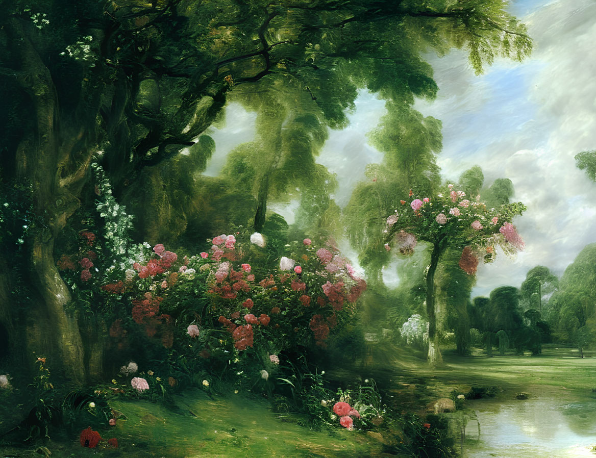 Tranquil landscape painting with lush greenery and pink blooms