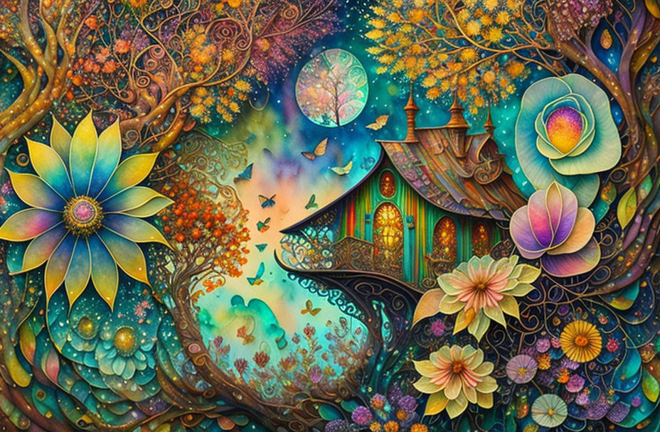 Colorful Whimsical Artwork: House, Trees, Flowers, Celestial Sky