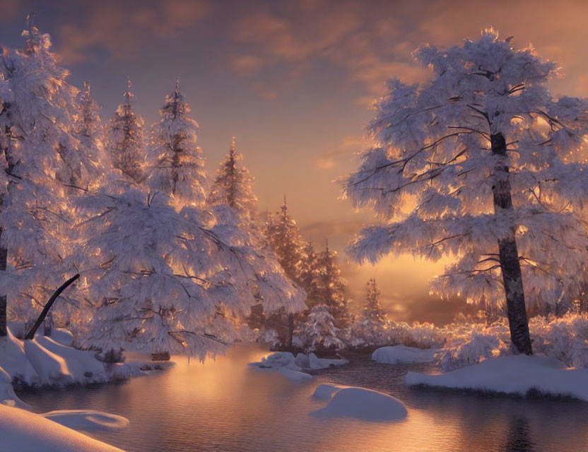 Snow-covered trees and gentle river in serene winter landscape