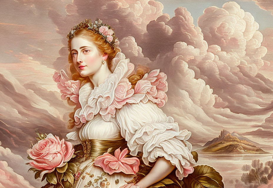 Woman with flowers in hair in white dress against cloudy sky