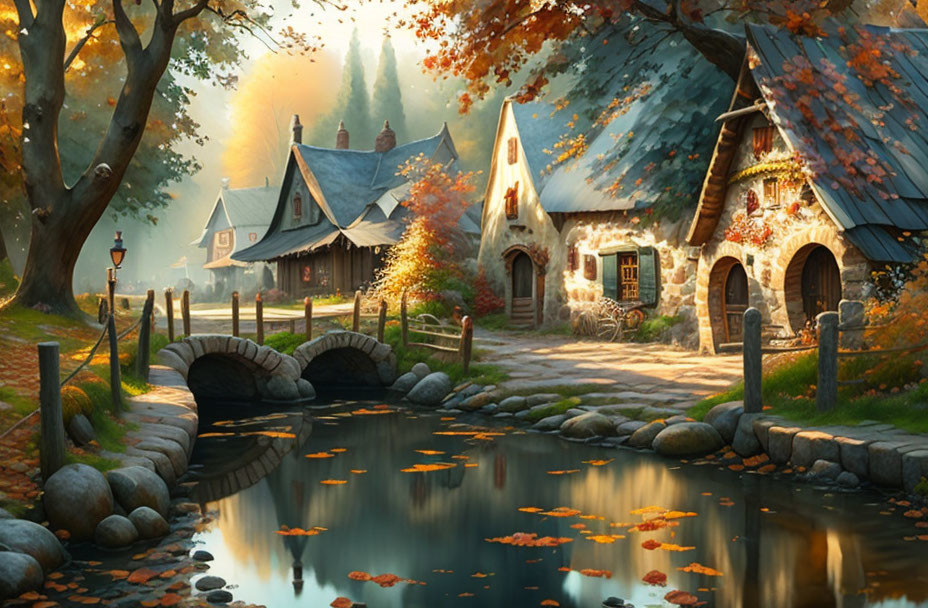 Tranquil countryside scene with thatched cottages, stone bridge, and autumn trees