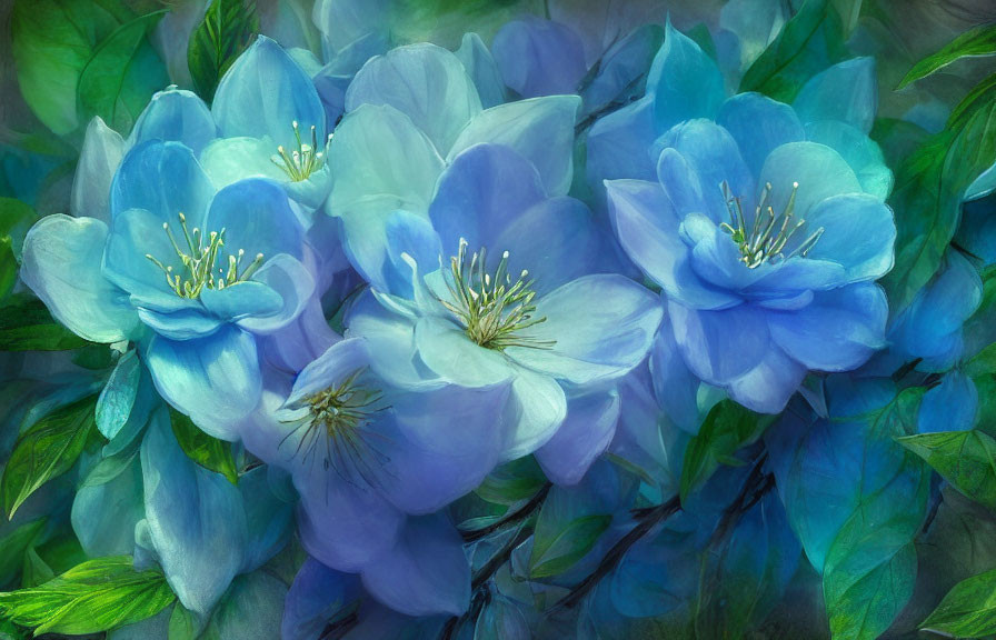 Blue Flowers Cluster with Prominent Stamens and Green Leaves