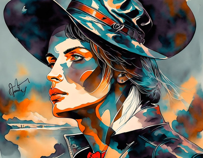 Vibrant blue and orange stylized portrait with strong contrast and shadowing