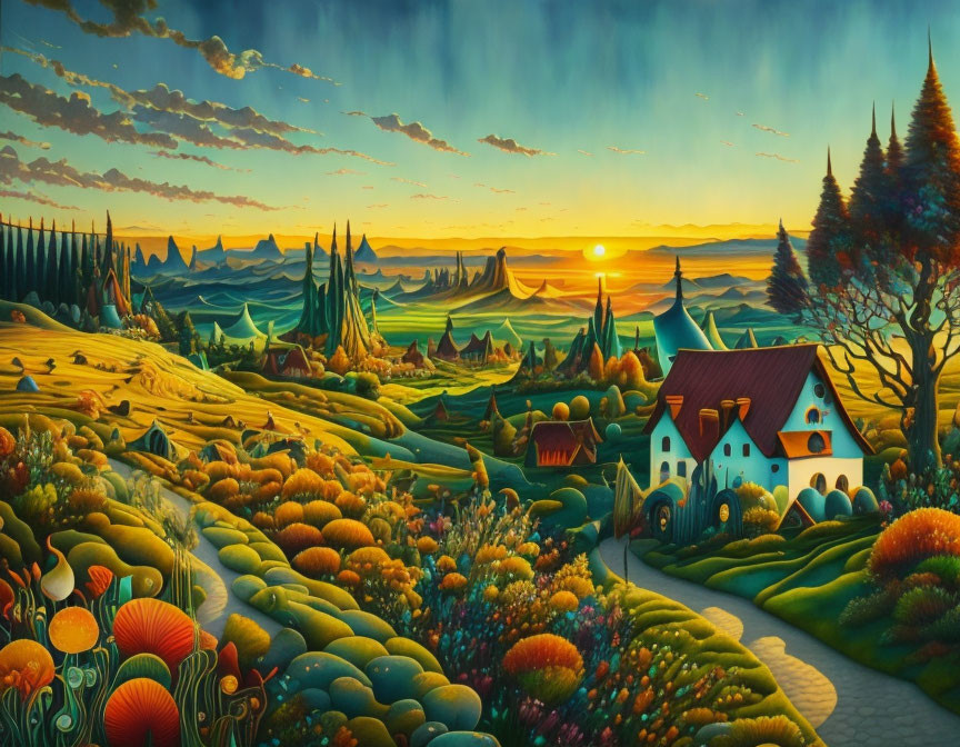 Vivid sunset over rolling hills with cottage and stylized flora