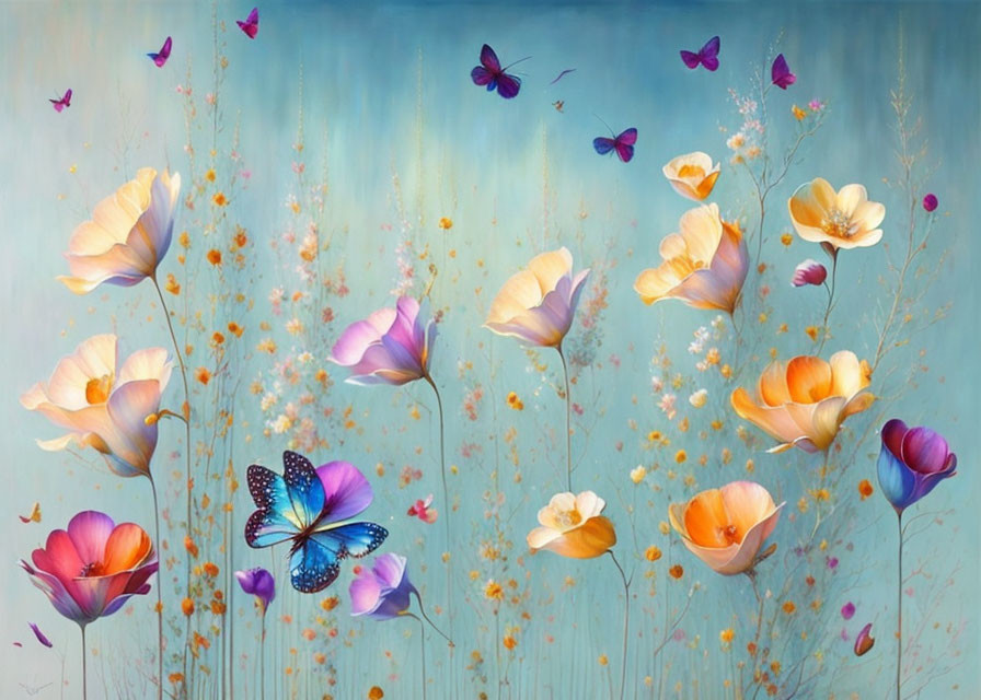 Colorful Flowers and Butterflies Painting on Soft Blue Background