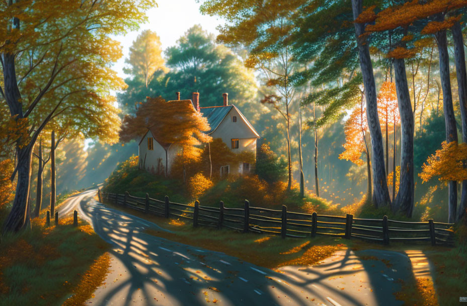 Sunlit Country Road Flanked by Colorful Autumn Trees