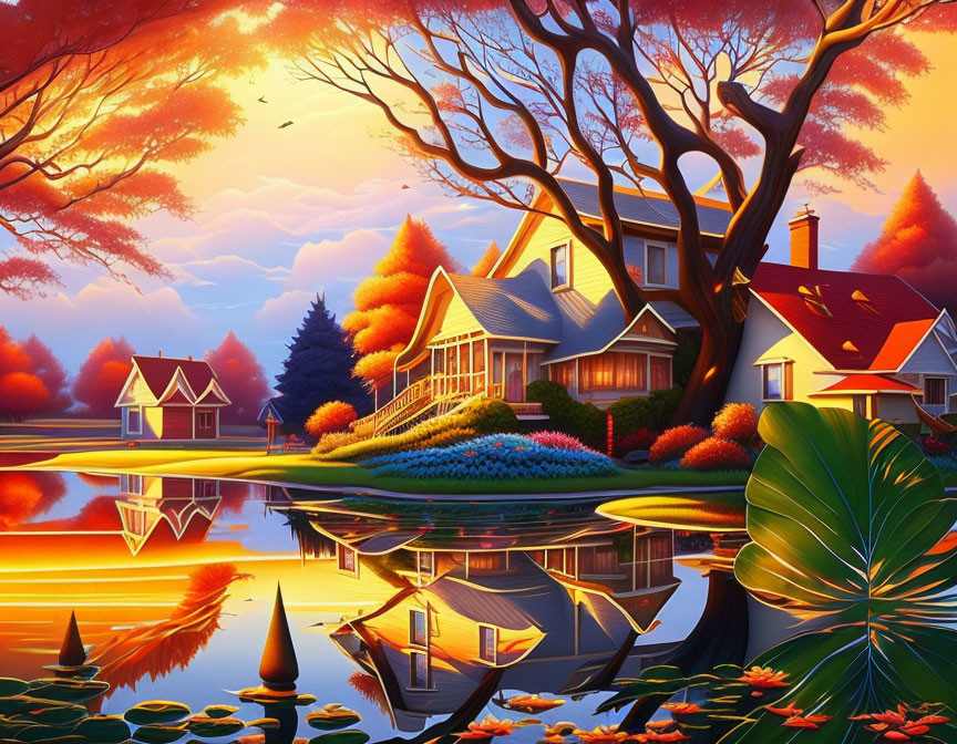 Colorful Lakeside Sunset Digital Artwork with Detailed Foliage & Classic Houses