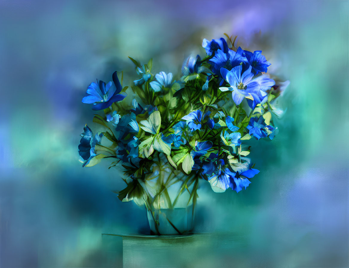 Blue Flower Bouquet in Clear Vase Against Soft-focus Background