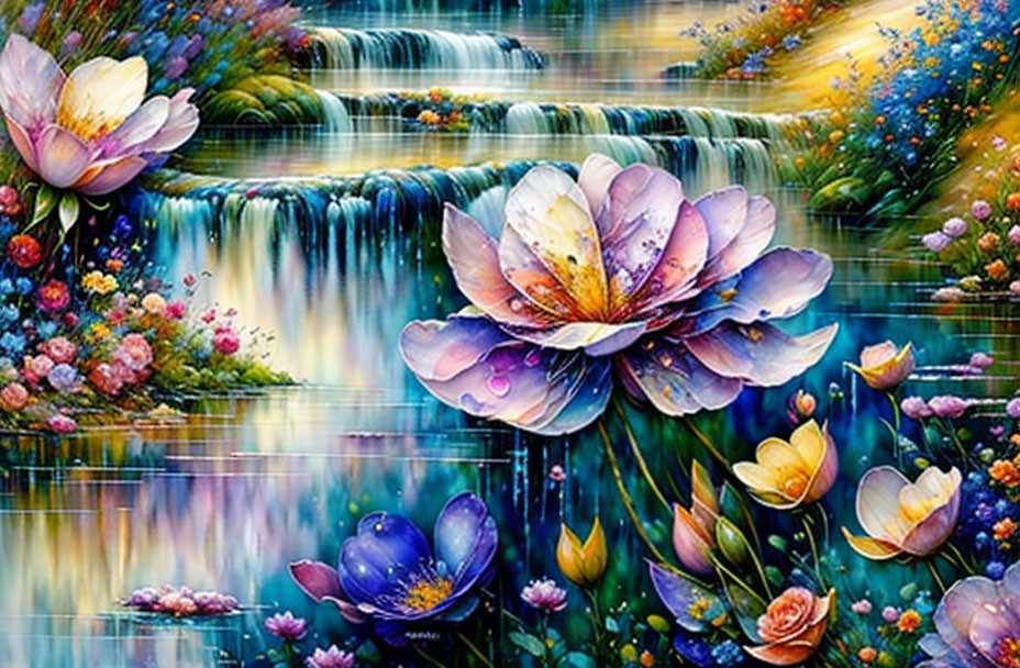 Colorful Fantastical Garden with Waterfalls and Blue Water Surface