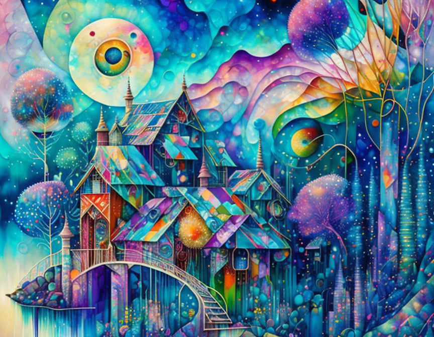 Vibrant artwork: whimsical house, colorful trees, stylized sky with eyes.