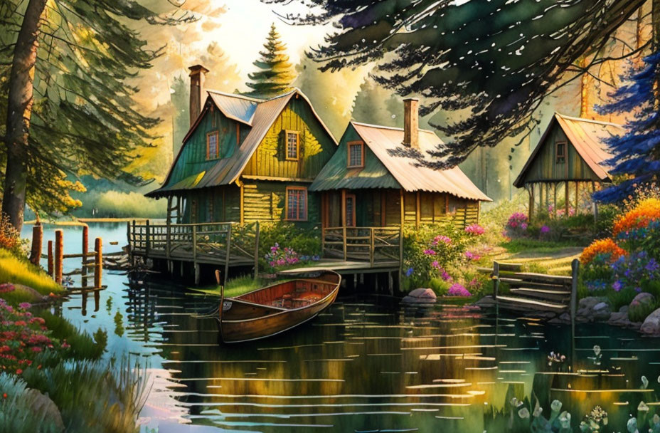 Tranquil lake with wooden boat, greenery, flowers, cottages in sunlight