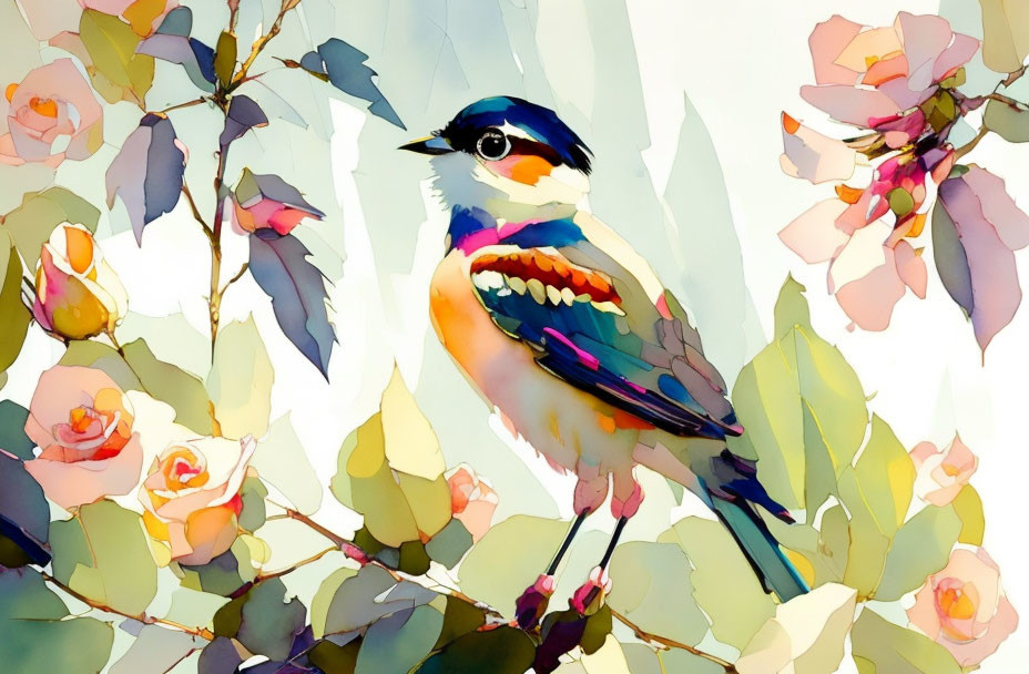 Vibrant painting of bird amidst flowers and leaves