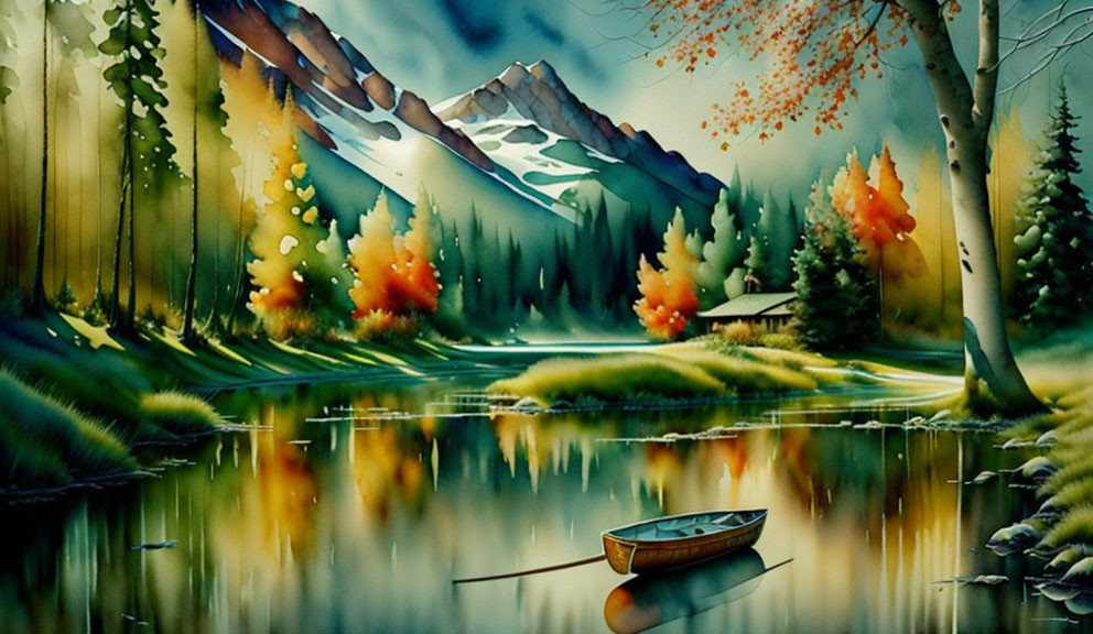 Tranquil forest scene with reflective river and snow-capped mountains