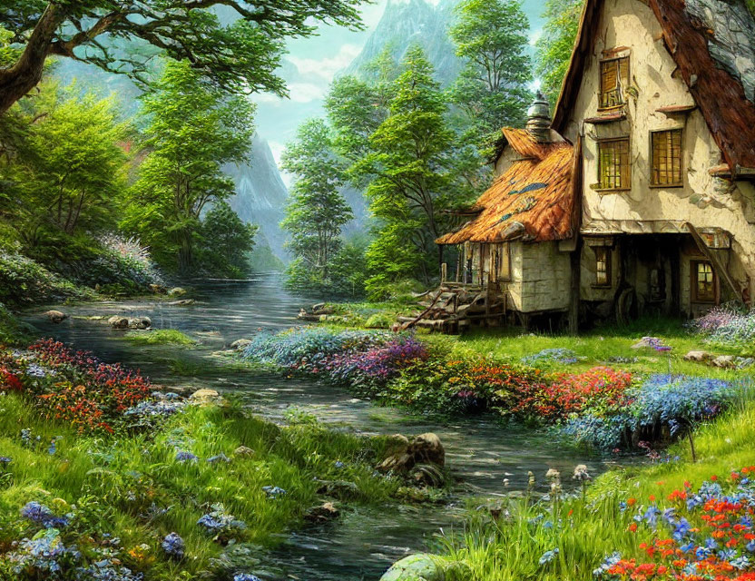 Rustic cottage near stream, wildflowers, mountains - serene fairy-tale scene