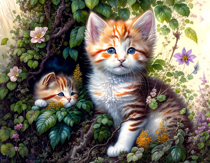 Adorable kittens in lush greenery with vibrant flowers