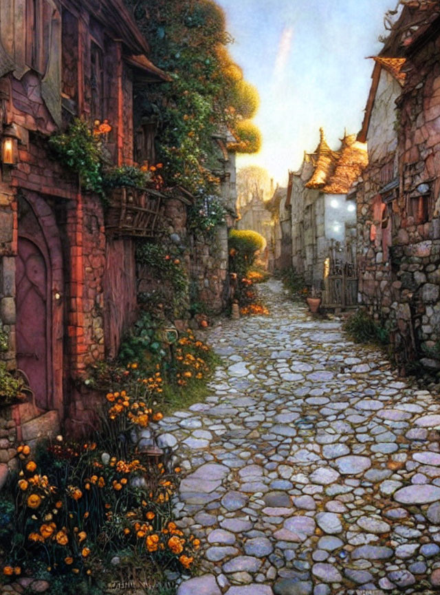 Historic cobblestone street with old buildings and lush foliage at dusk