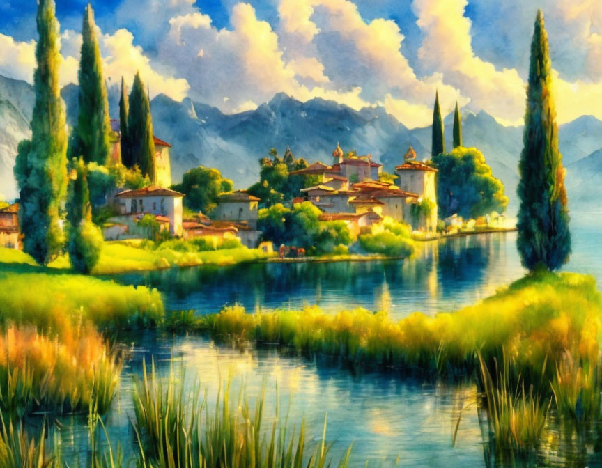 Serene lakeside village watercolor painting with lush greenery