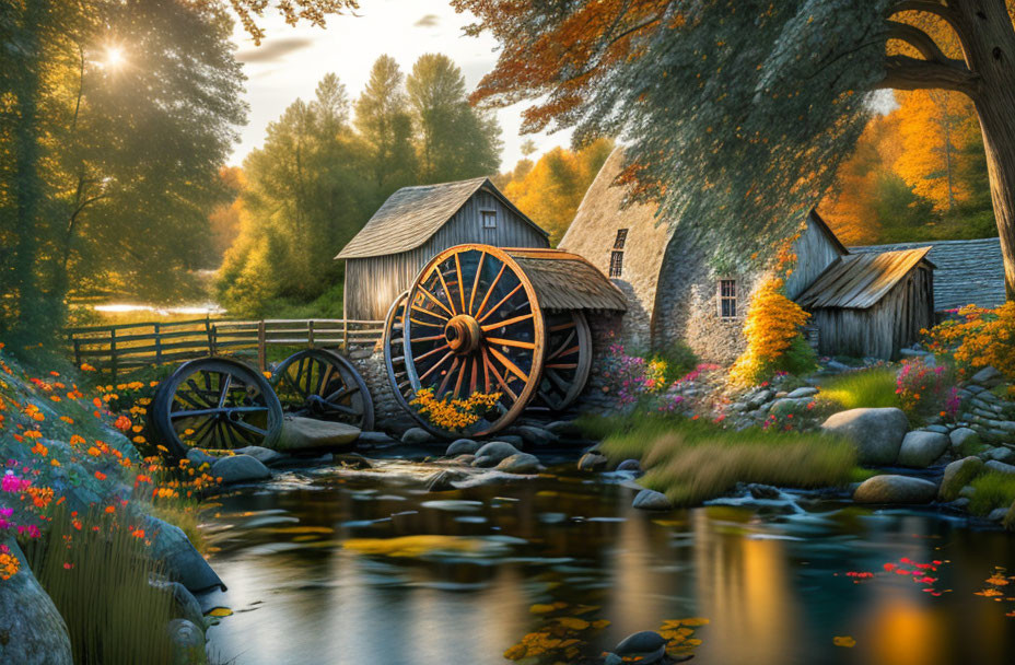 Scenic old watermill in autumn setting with sunlit foliage