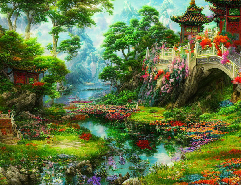 Fantasy landscape with pagodas, stone bridge, river, cliffs, and waterfalls