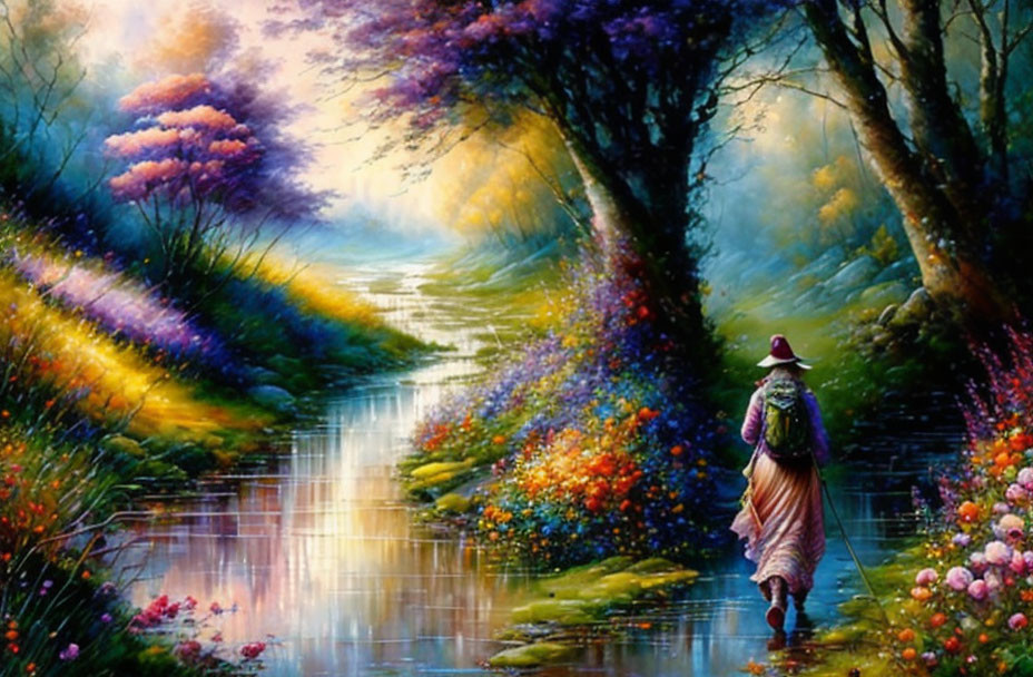 Scenic painting of person near river and lush nature